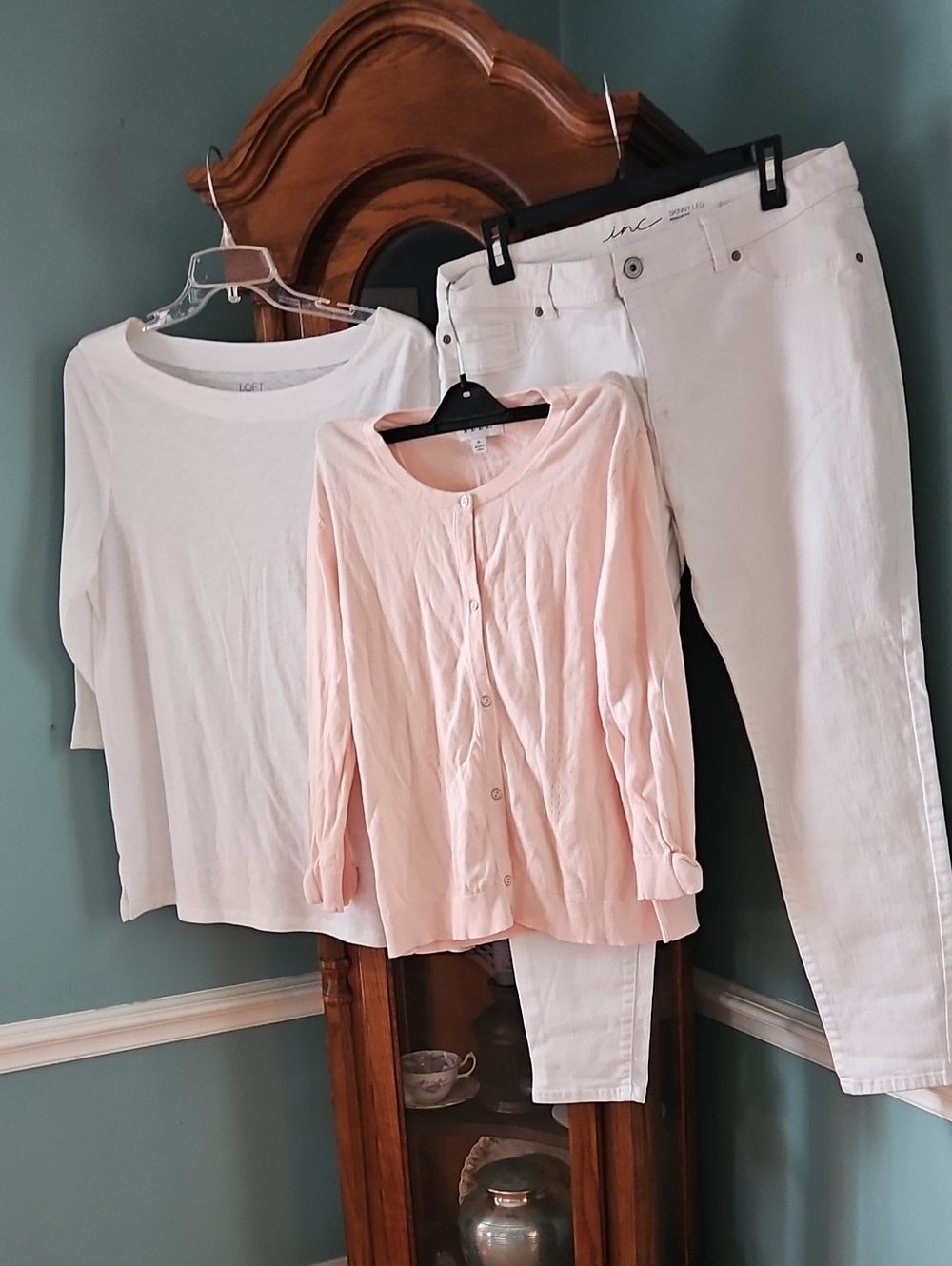 Pink Button-Front Women's Cardigan Top & LOFT Tee & Inc Jeans